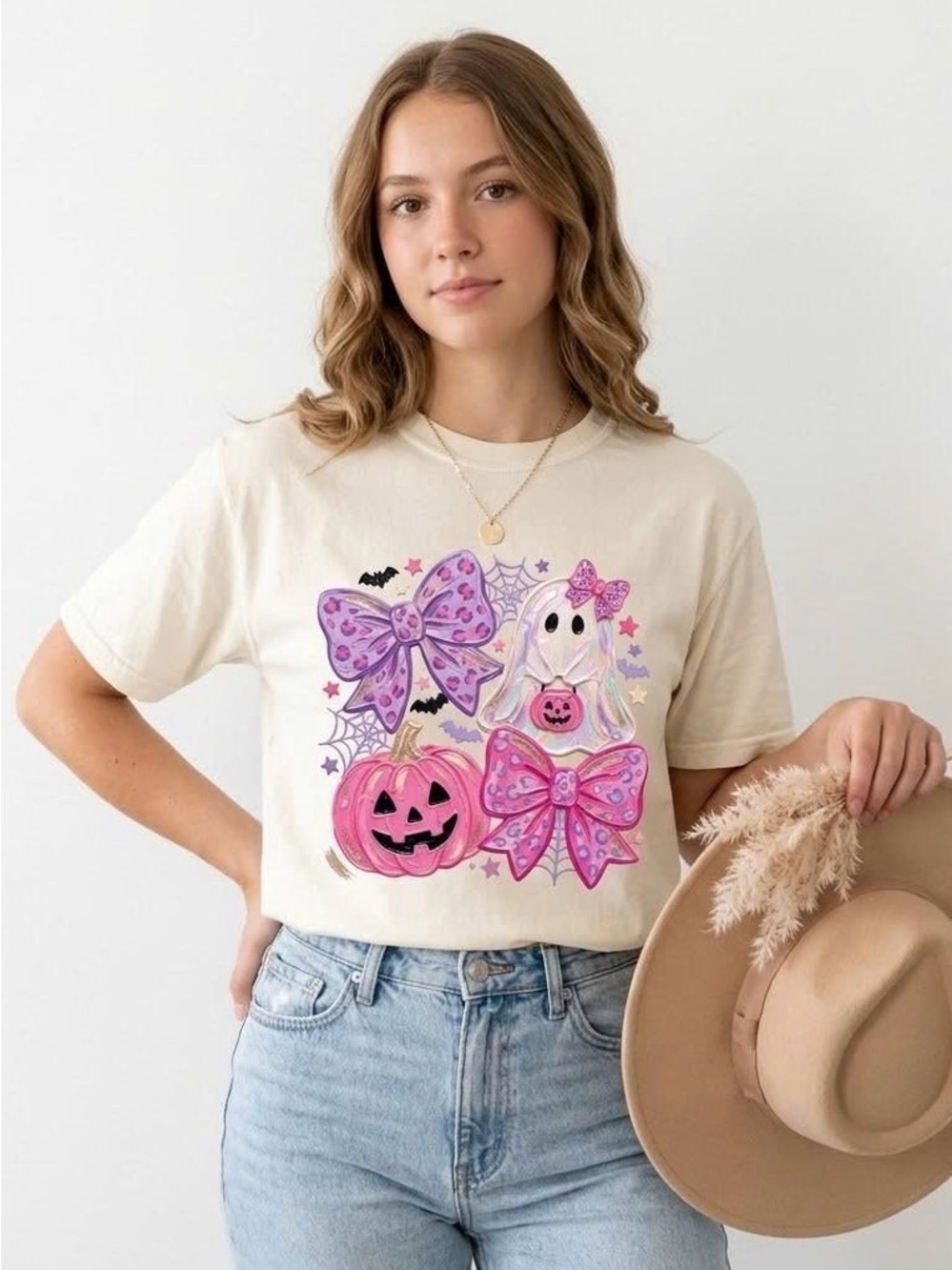 Pink Halloween Graphic Tee Cute Coquette Ghost Pumpkin Leopard Bow Cream Shirt